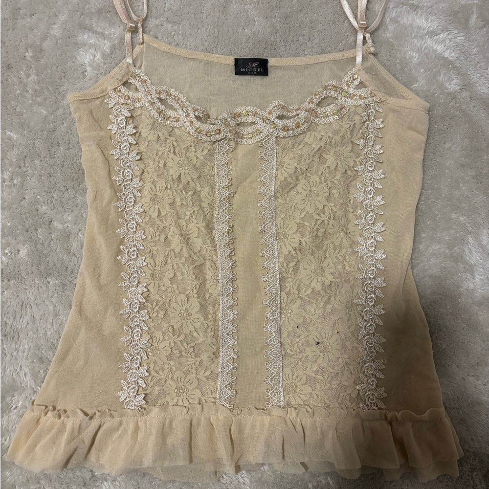 vintage yellow sheer beaded tank top